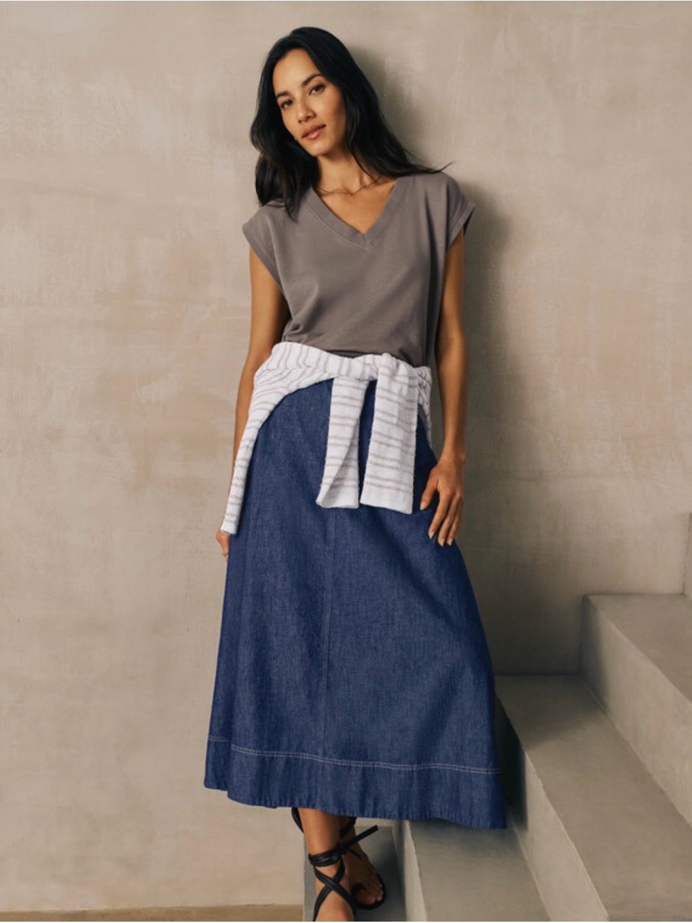 Eileen Fisher Organic Cotton Denim Maxi Full Skirt in Deep Blue Medium - Picture 2 of 11